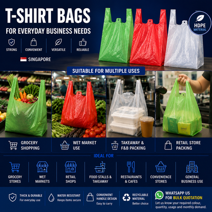 T-shirt bags for grocery wet market retail takeaway and food packing in Singapore