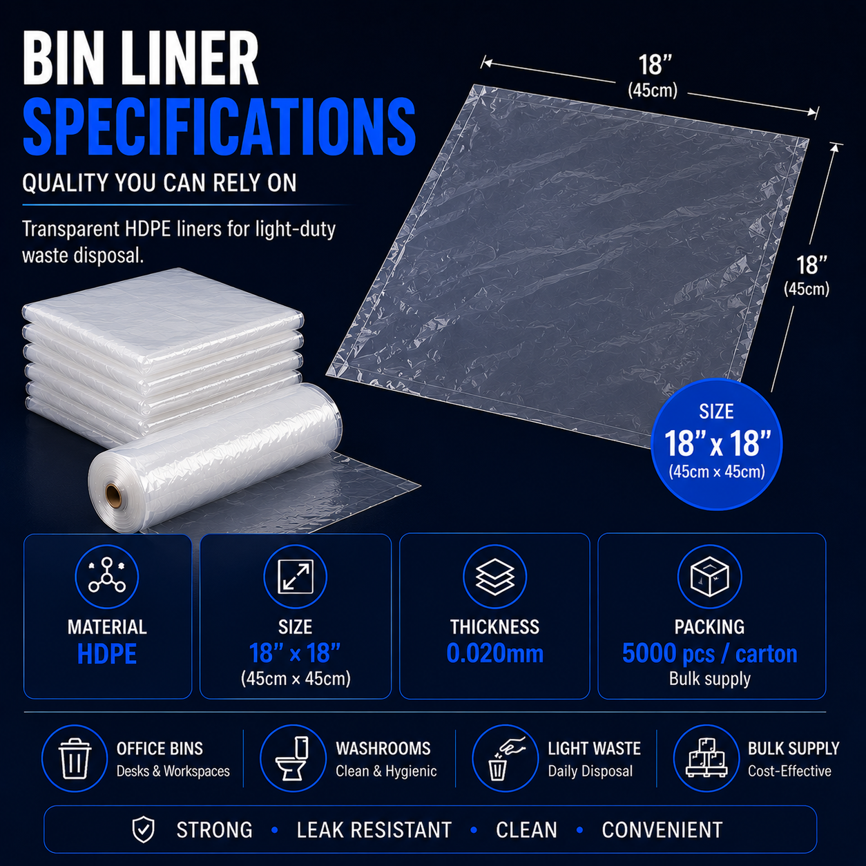 Transparent HDPE bin liner specifications in Singapore with 18x18 inch size 0.020mm thickness and 5000 pieces per carton