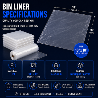 Transparent HDPE bin liner specifications in Singapore with 18x18 inch size 0.020mm thickness and 5000 pieces per carton