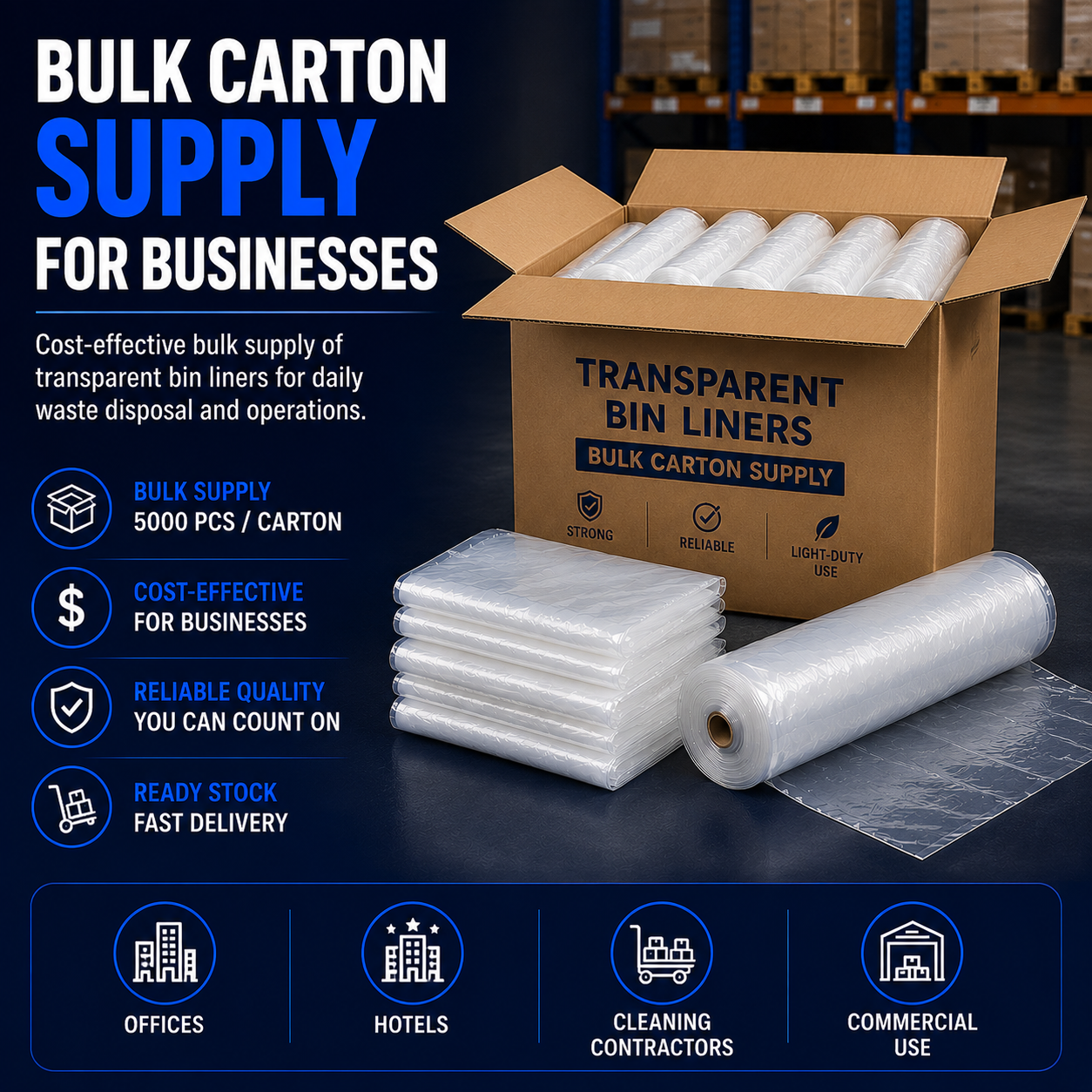 Bulk carton supply of transparent HDPE bin liners in Singapore for offices hotels cleaning contractors and commercial use