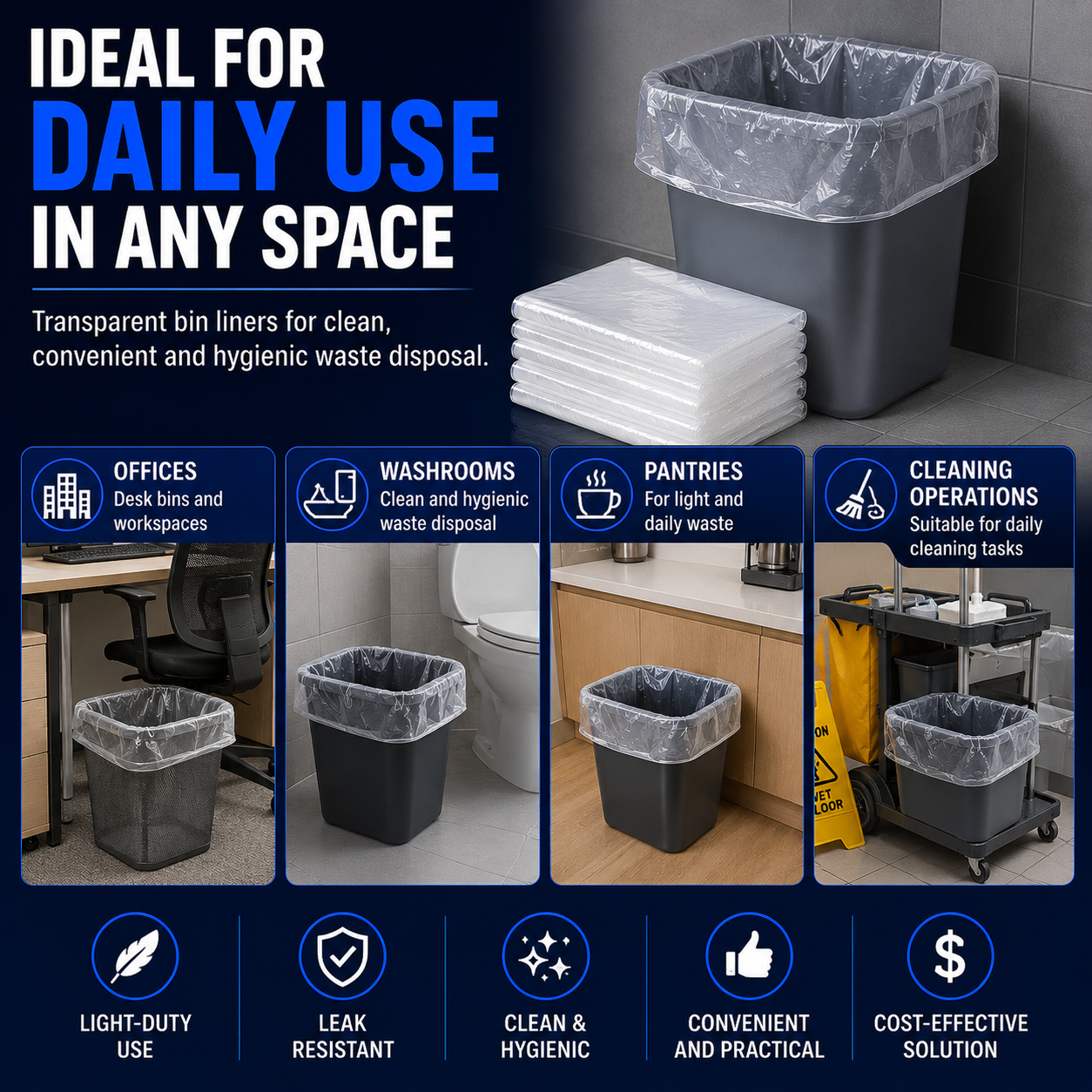 Transparent bin liners for daily use in offices washrooms pantries and cleaning operations in Singapore