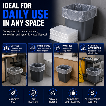 Transparent bin liners for daily use in offices washrooms pantries and cleaning operations in Singapore