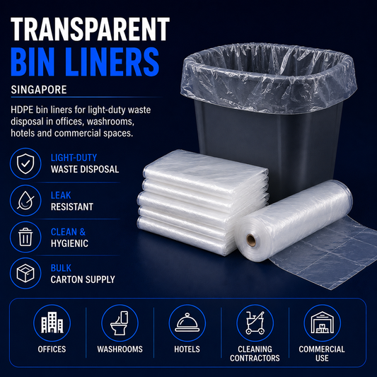 Transparent HDPE bin liners Singapore for offices washrooms hotels cleaning contractors and commercial use