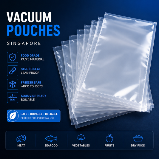 Food grade PA/PE vacuum pouches in Singapore for meat, seafood and frozen food packaging